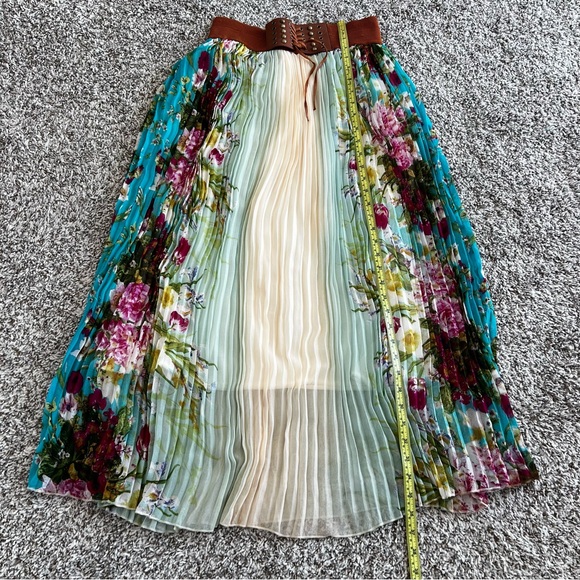 Boho Floral Print Pleated Festival Maxi Skirt Corset Belt Sz L - Picture 8 of 11